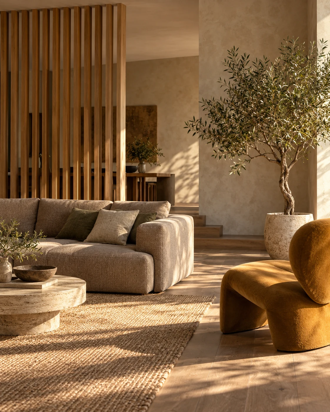 An illustrative interior with natural textures and sculptural furniture